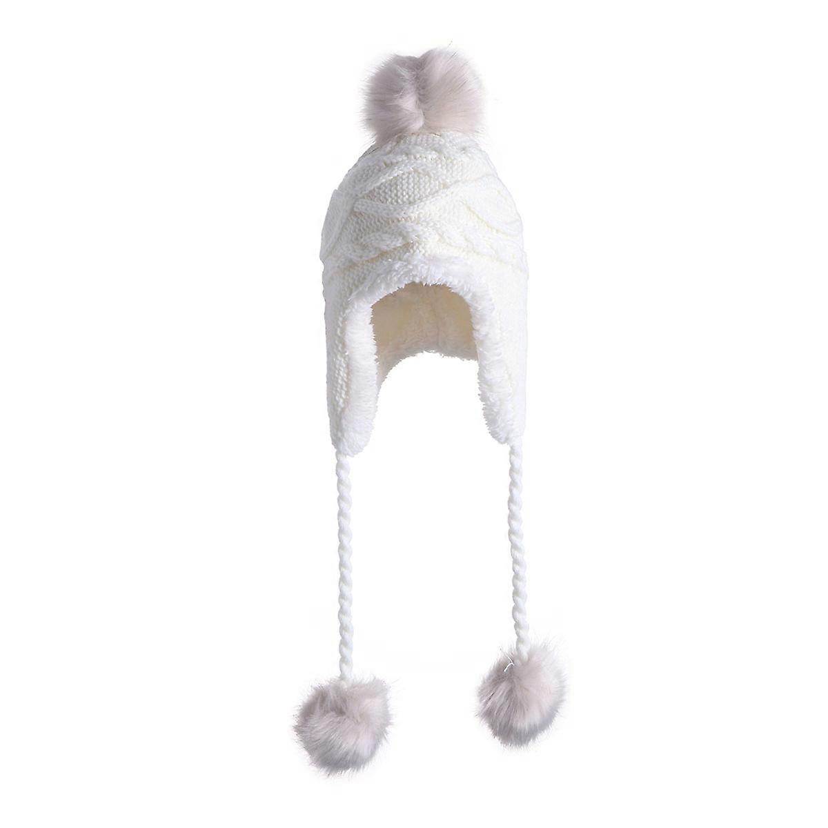 Winter Warm Knit Wool Hat with Dual Ball Ear Flap and Pom S White