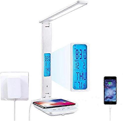 Desk Lamp LED Dimmable with Clock and USB Charging, Touch Control, 3 Color Modes, 5 Brightness Levels, White for Bedroom Office