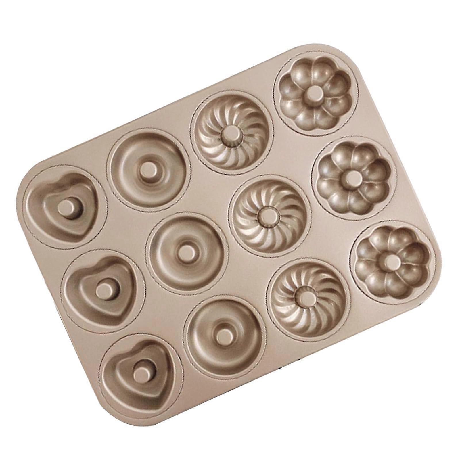 12Cavity Doughnut Mould, 4 Shapes Donut Pan NonStick Cake Baking Molds, Carbon Steel Biscuit Baking Tray for Doughnut Muffin Cupcake, Golden