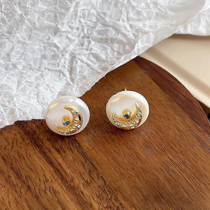 Glamorous Pearl Stud Earrings, White Pearls with Gold Moon & Blue Crystal Details, Sophisticated & Eye - Catching, Great for Evening Events or Formal
