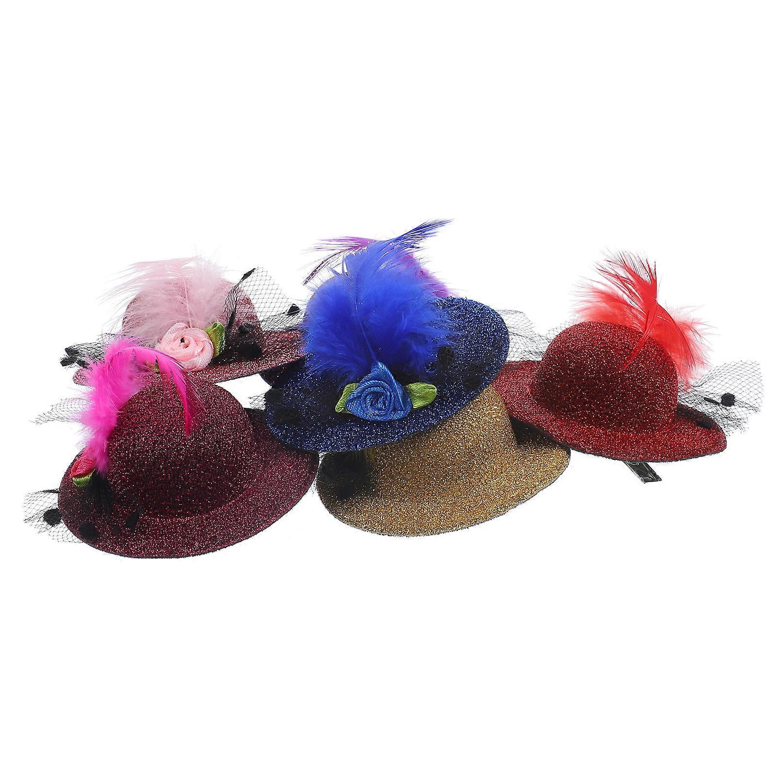 6 Pieces Mini Hat Hair Clips with Plume Design for Decor Assorted Color Polyester