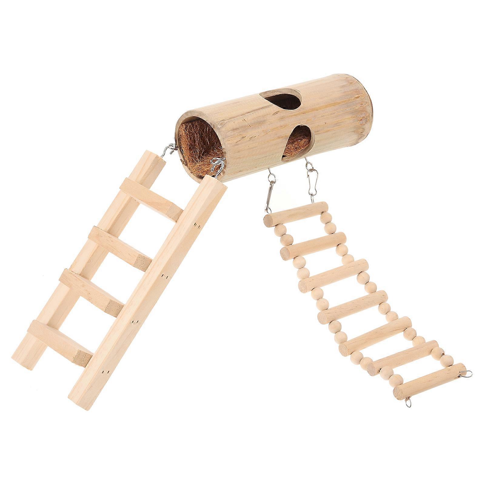 Adorable Bamboo Hamster Sleeping Nest with Wooden Beads Climbing Ladder for Small Pets Beige