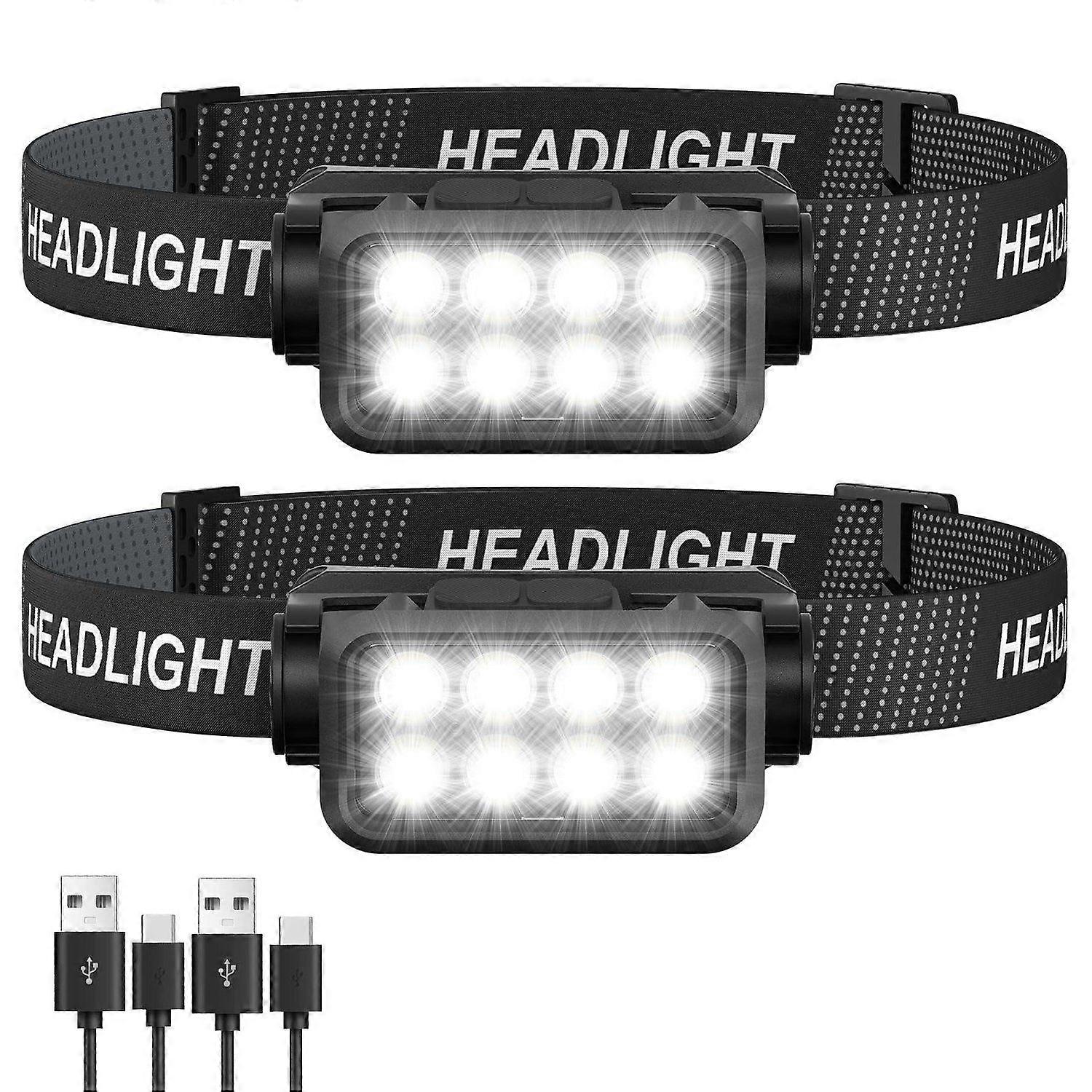 Rechargeable Headlamp Flashlight 2-Pack, 8 LED 2500 Lumen Ultra-Light Bright Headlight with Motion Sensor, Waterproof Lightweight Head Lamp for Adult