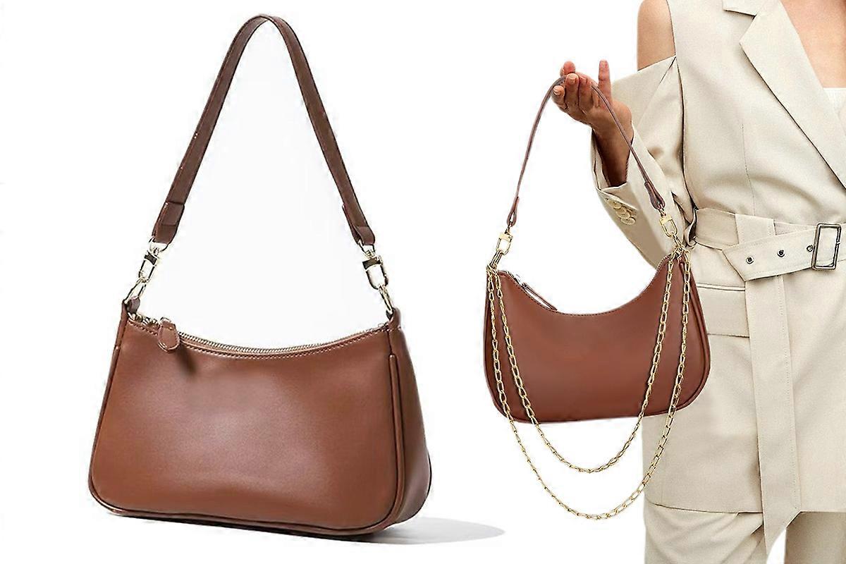 Shoulder Bag With Both Chain And Strap Design Underarm Purse Handbag-Brown