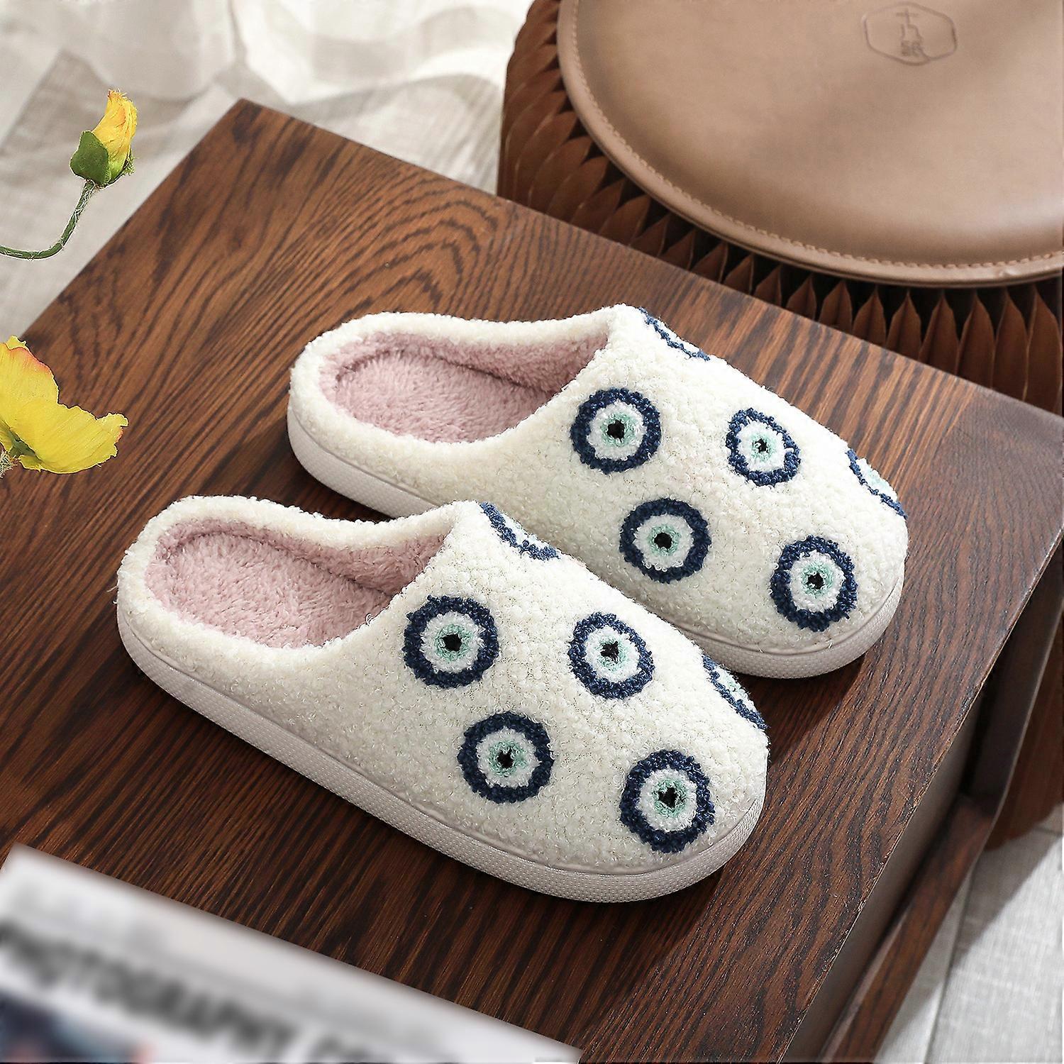 Winter plush slippers with evil eye pattern, warm indoor shoes