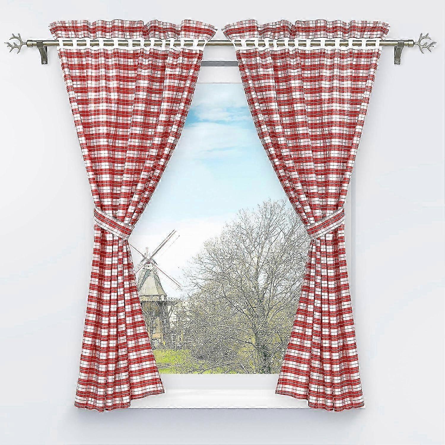 New Set of 2 Red Plaid Blackout Curtains with Perforations for Bedroom Windows - 120x80cm Size