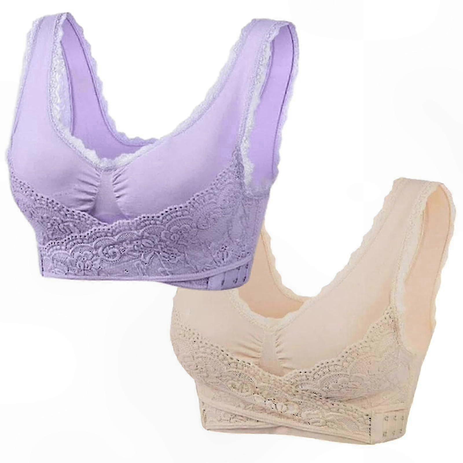 Front Cross Adjustable Bras with Side Buckle for Women, 2-Pack Compression Lace Support