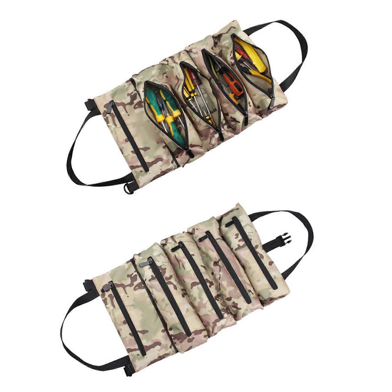 Tool Bag Roll Up Organizer Canvas Camouflage Portable Hardware Storage with 5 Zip Pockets for Electrician Mechanic 