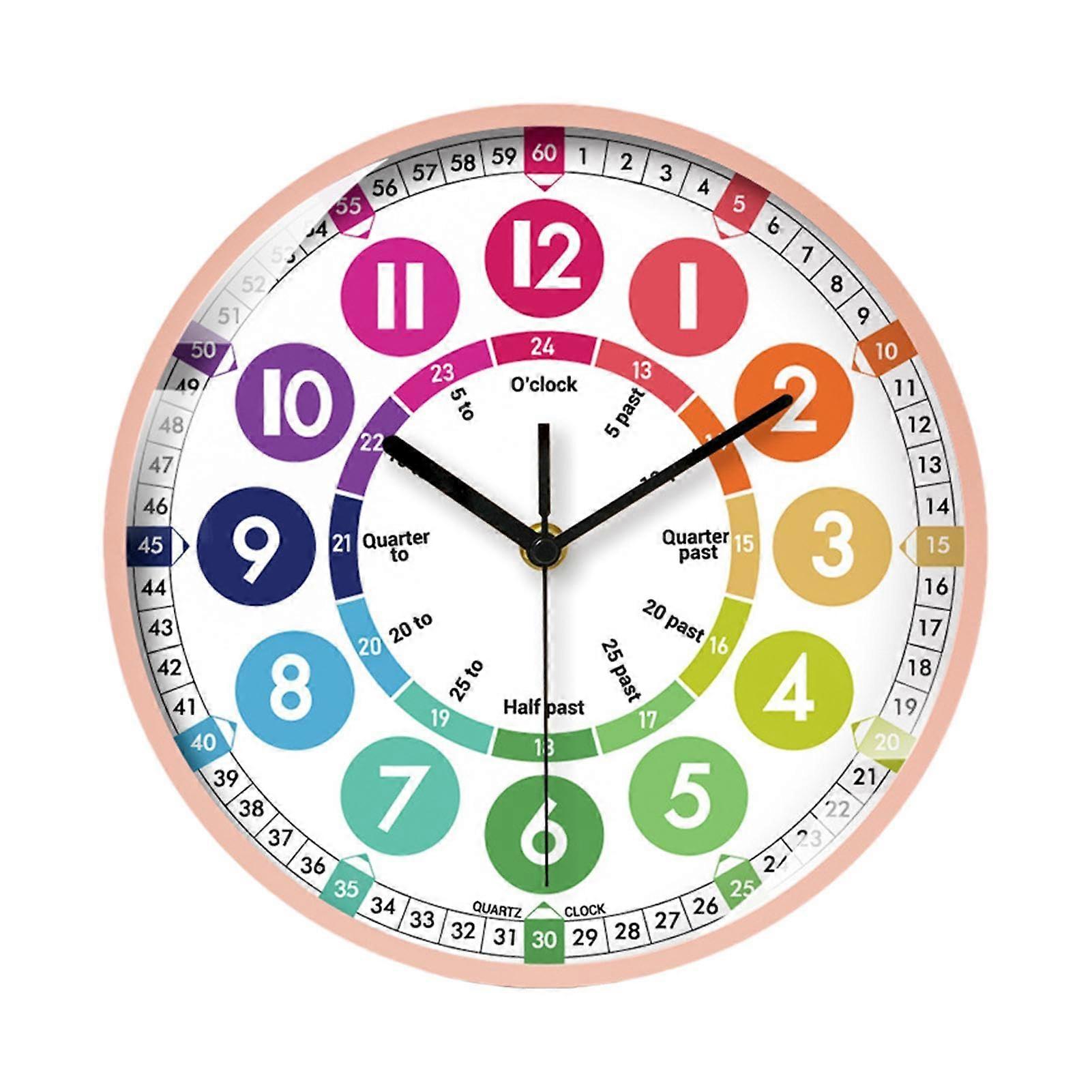 Learning Clock For Children Teaching Clock Silent Time Wall Clock Colorful Pink Wall Decoration
