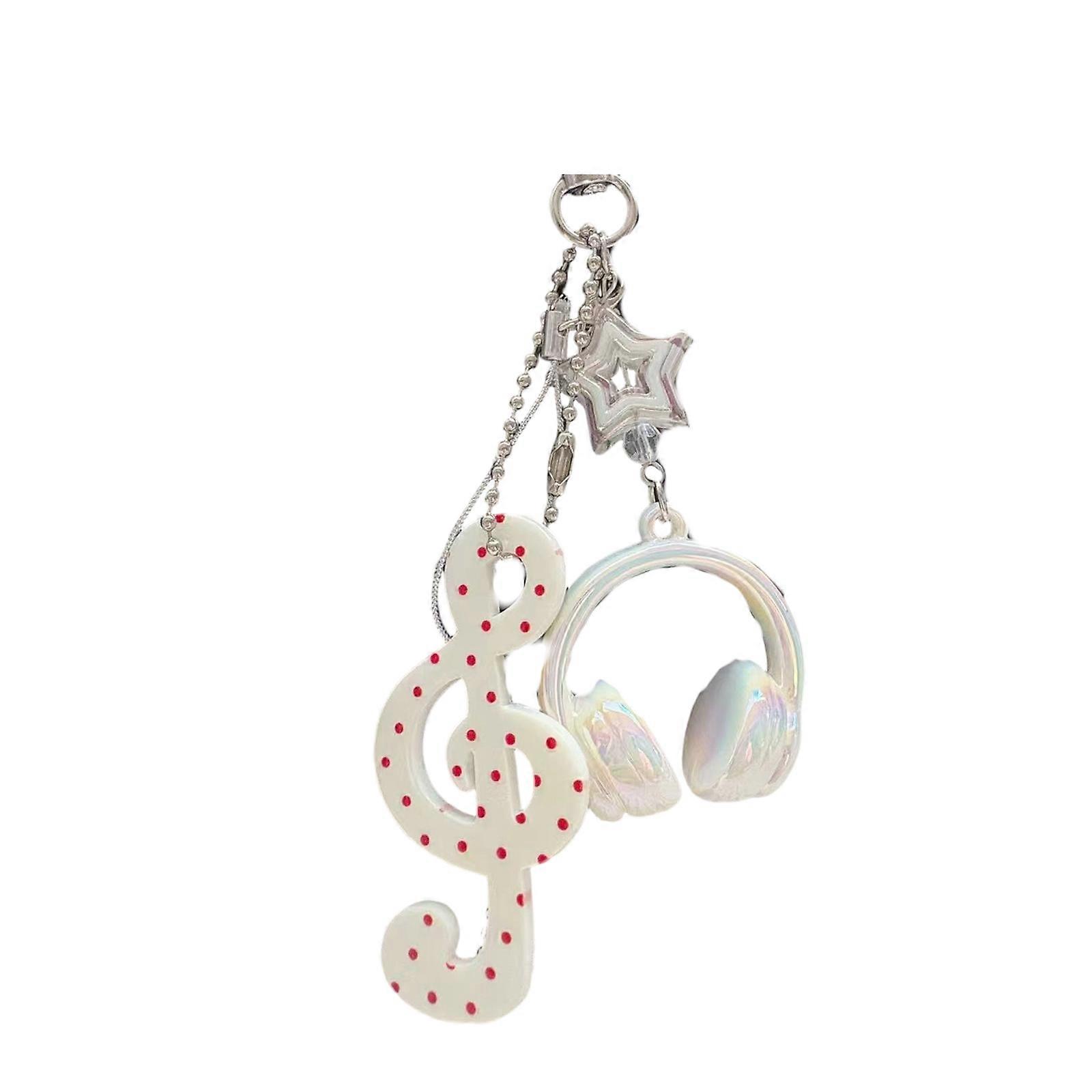Artistic Music Theme Keychain Combining Retro Polkas Dots Stars Pattern Practical Daily Carry Charm  White