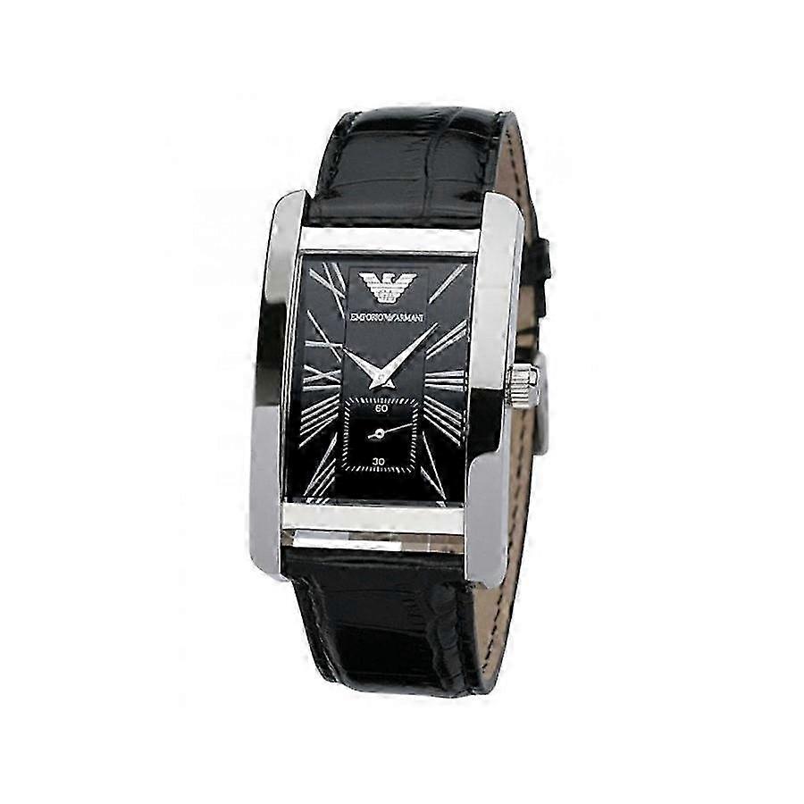 Emporio Armani Herrenuhr, schwarzes Lederarmband, schwarzes Zifferblatt und silbernes Gehäuse, Modell AR0143 Classic Rectangular
