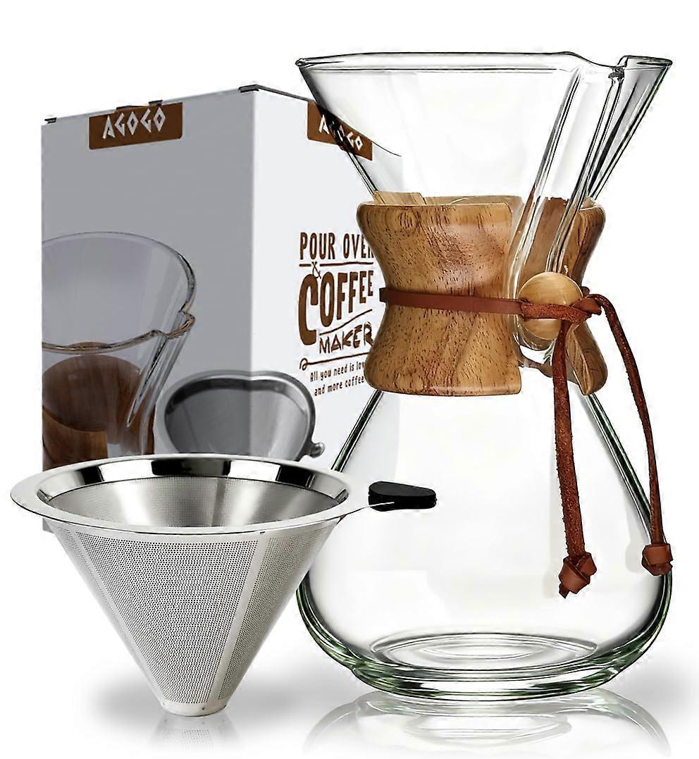 Pour Over Coffee Maker with Stainless Steel Filter, 8 Cup Borosilicate Glass Dripper for Smooth Flavor