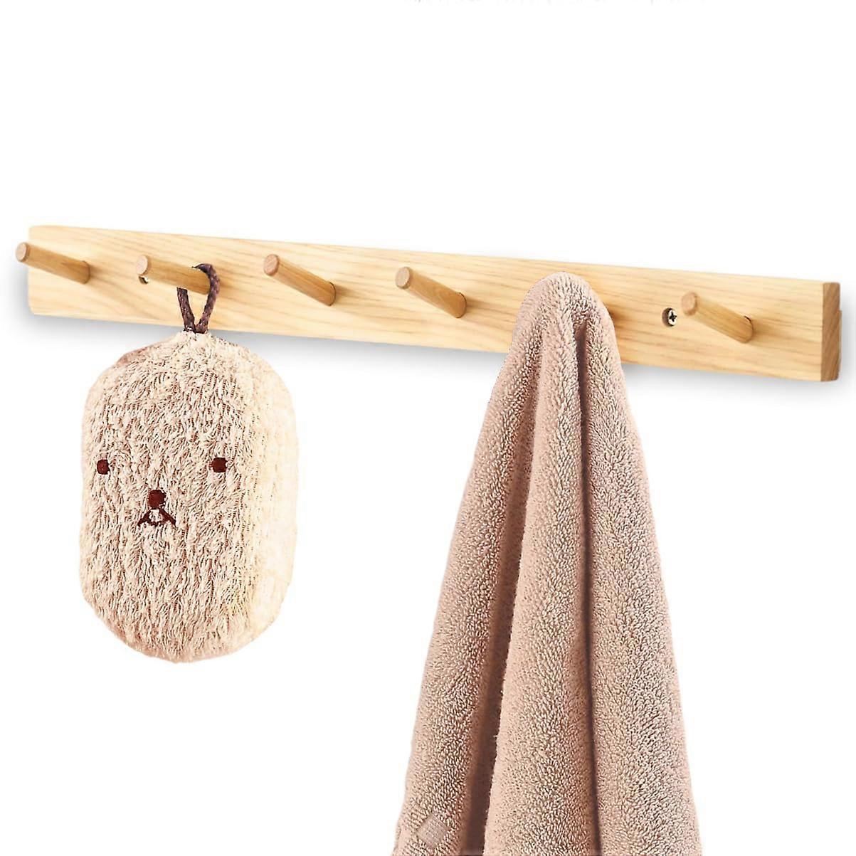 Wall Mounted Coat Rack Solid Beech Wood with 6 Hooks Rustic Design for Entryway Bedroom Bathroom