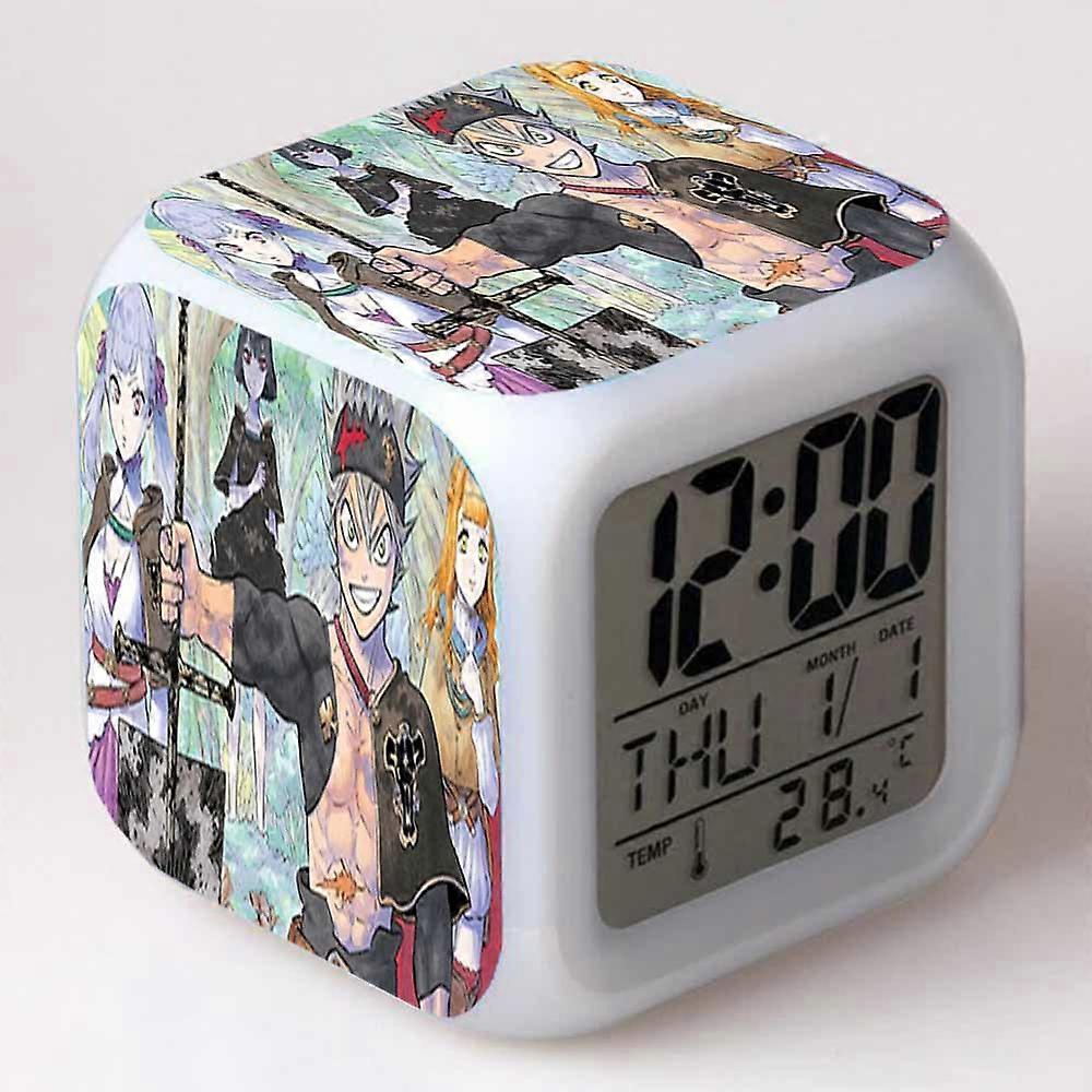 Black clover-themed alarm clock, color-changing seven-color alarm clock, square clock, creative alarm clock.