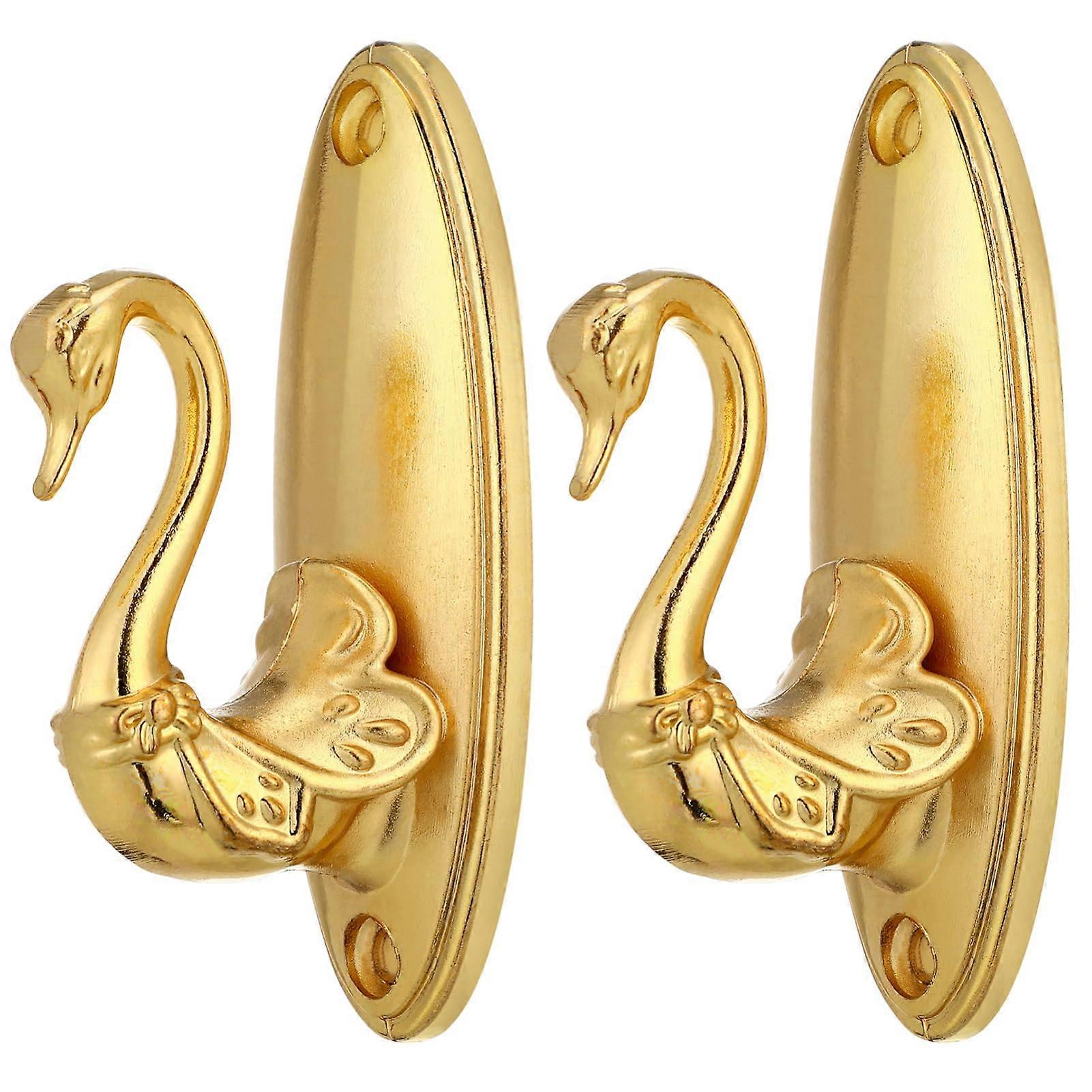 Vintage Curtain Holdbacks Pair, Retro Gold Swan Design Wall Hooks for Curtains and Coats