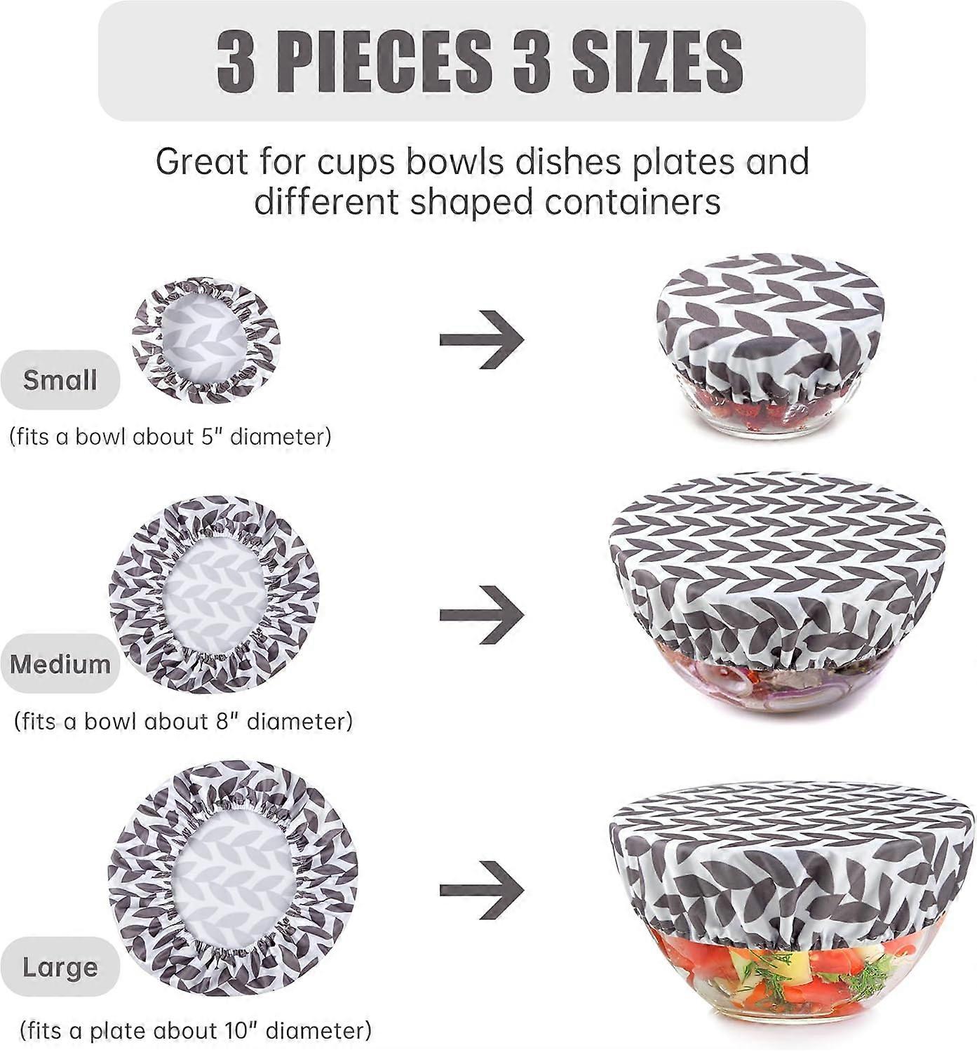 Reusable Elastic Bowl Covers Set of 3 with LeakResistant Lining for Bread Proofing, Grey Leaf