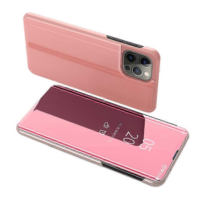 For iPhone 15 Pro Max View Window Electroplated Phone Case Mirror Surface Leather Stand Cover