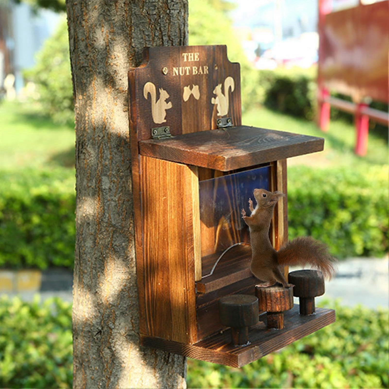 Wooden Squirrel Feeder with Viewing Window, Weatherproof Solid Wood, Easy Tree Mount for Garden