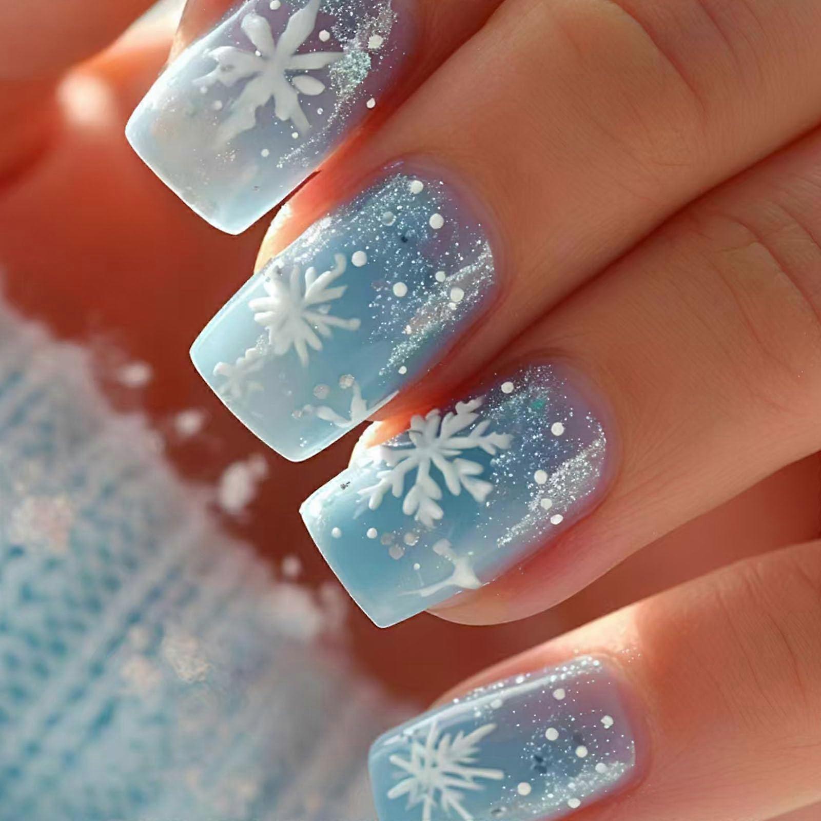 Snowflake Press On Nails Blue Gradient Winter Short Square Fake Nails LongLasting Reusable Kit 24pcs