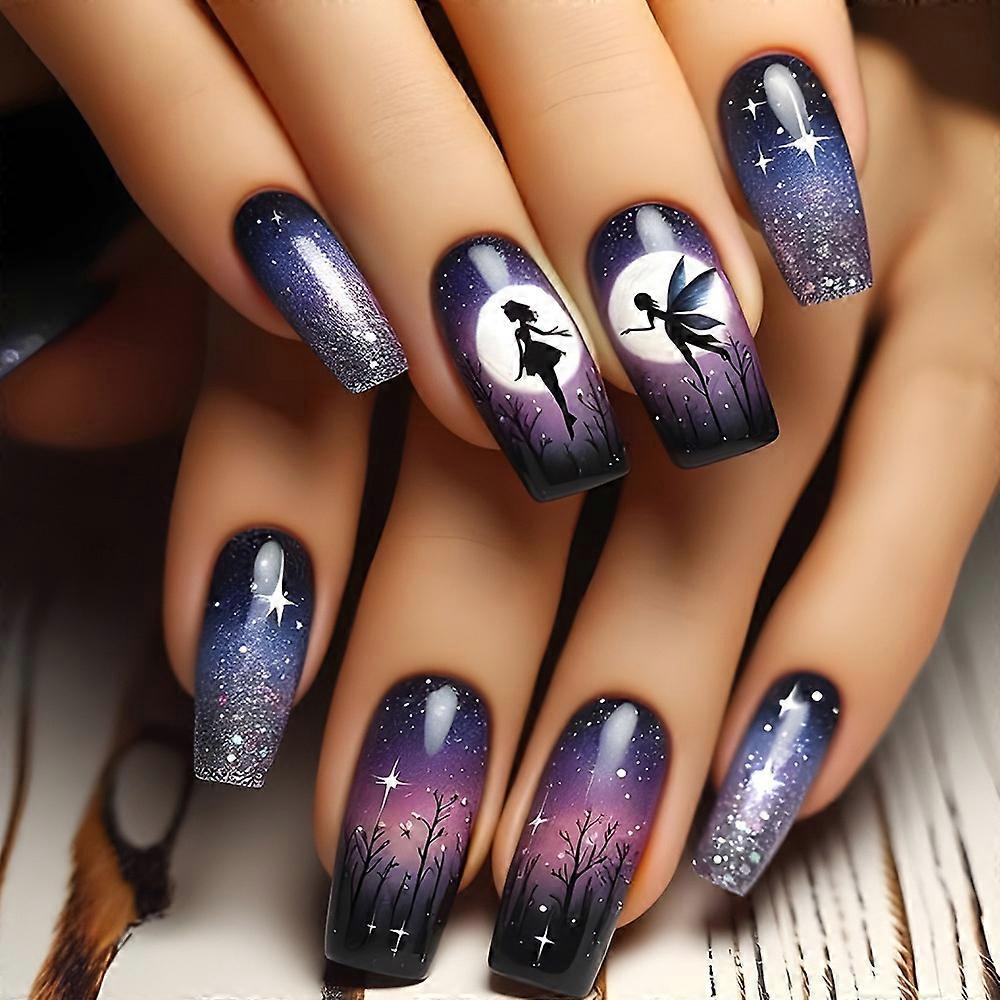 2026 New style 24pcs/set Medium Square fake nails Gradient Aurora flame Lightning stripes starry sky