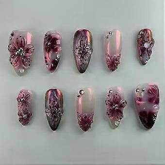 24pcs Flower Print Press on Nails Wine Red Blush Almond False Nail Tips Wearable Reusable Summer Spicy Girl Fake Nails Wholesale