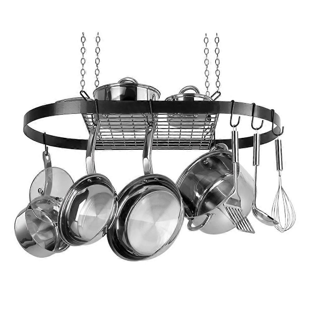 Black Oval Hanging Pot Rack, Durable Enameled Steel, SpaceSaving Ceiling Mounted Design