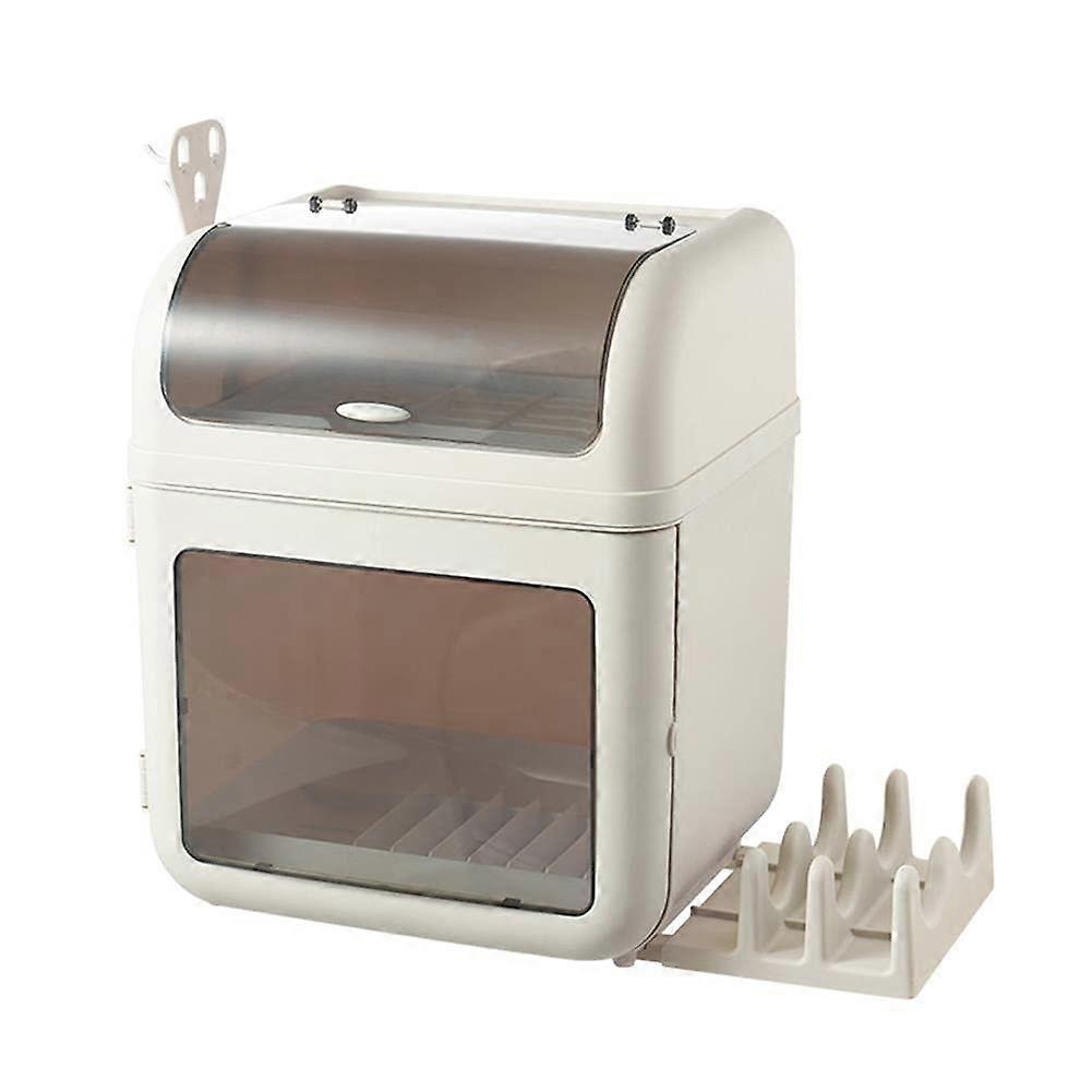 2 Tier Dish Drying Rack with Lid, Dustproof Kitchen Storage Organizer, Large Capacity Drainer Khaki