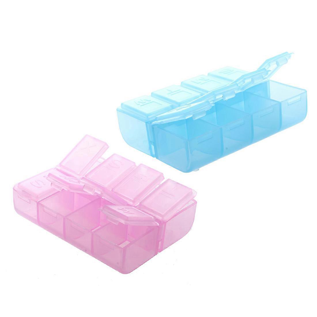 2 Pcs Plastic Rectangle 8 Compartments 7 Days Medicine Pill Box , Pink & Blue