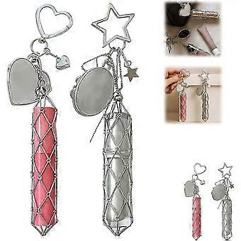 Leppestiftholder i rustfritt stål, elegant lipglossholder med speil, 2-i-1 leppestiftholdere til veske, bling krystall leppestift oppbevaringspose nøkkelring leppepomade