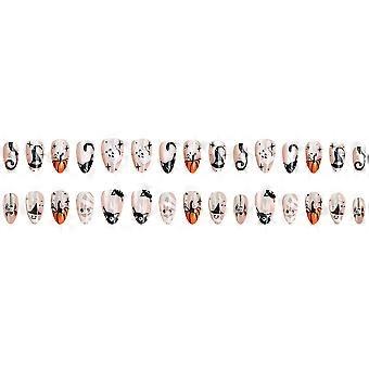 Halloween Cat Eye Festival Sweet Cool Press-On Nails, 30 pcs Almond False Nail Tips with Adhesive for Women and Girls