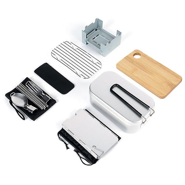 Camping Lunch Box Mini Cutting Board Combo Set With Mini Folding Stove Steaming Rack Folding Windshield Fork Spoon Chopsticks