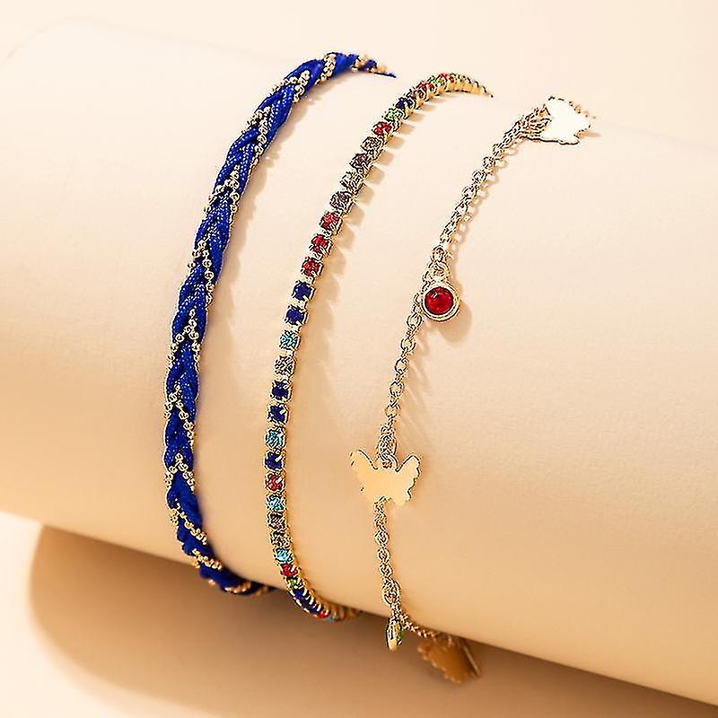 Tocona 3db/szettek Színes strasszos bojt boka nőknek Pretty Butterfly kötél állítható láblánc Boho ékszerek 16811