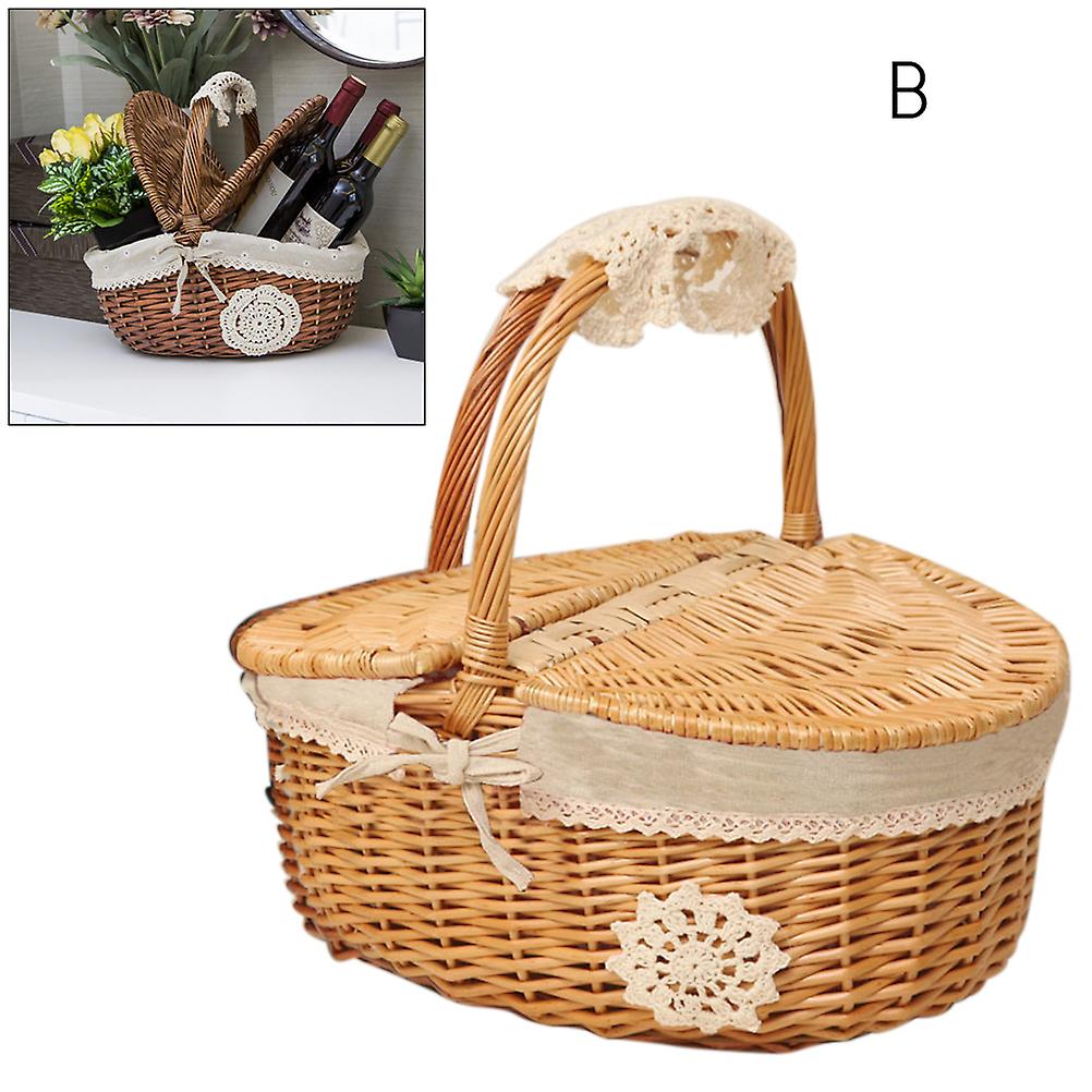 Picnic Basket Handmade Camping Wicker Picnic Basket Shopping Storage Basket with Lid and Wooden Handle