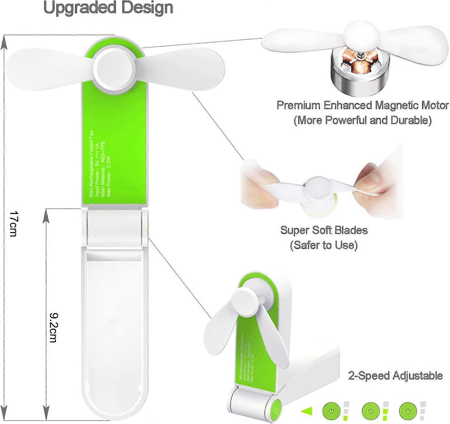 Mini Folding Pocket Fan Table Fan, USB Rechargeable Small Portable Fan 33.69.2CM Green