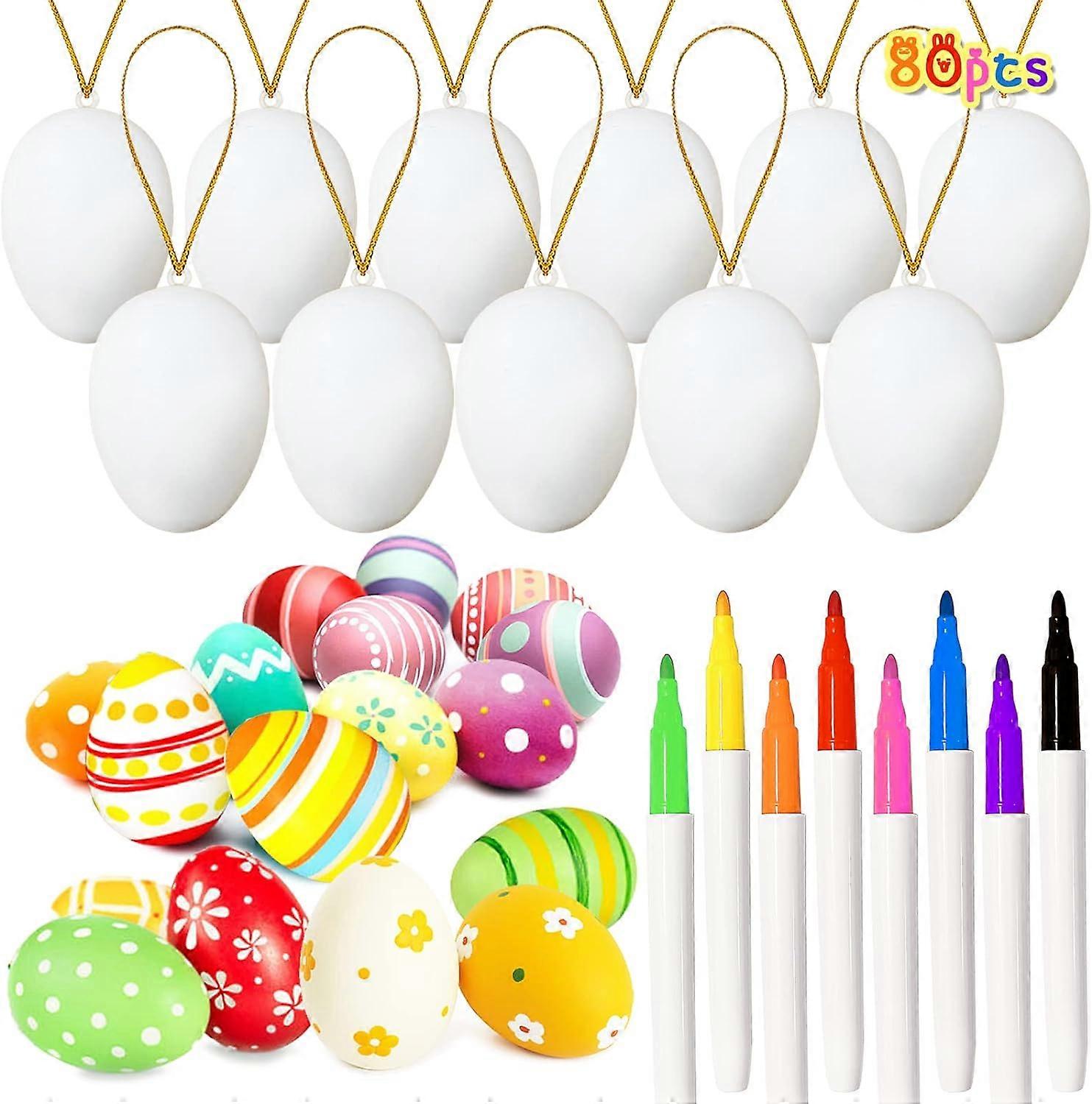 80 Pcs White Blank Easter Eggs Crafts with 8 Pens,Hanging Plastic Easter Eggs Paintable with Rope,Artificial DIY Creative Decoration Kit Easter Gift H