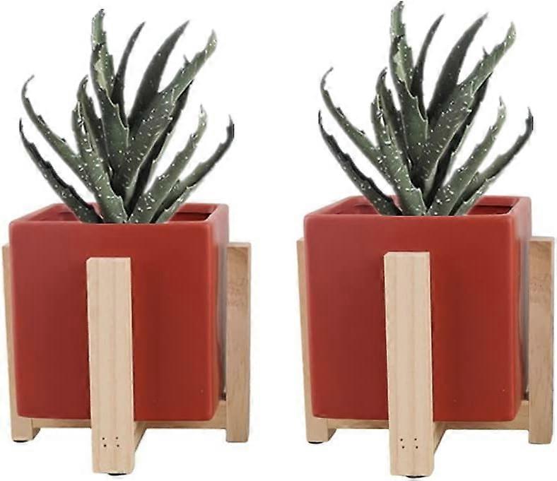 طقم من 2 أواني زهور سيراميك مع ستاند نبات خشبي - حديث - داخلي وخارجي - أحمر (مربع)