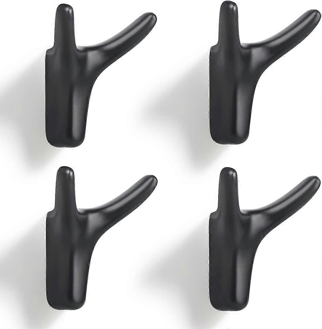 4 Pcs Double Prong Coat Hooks Wall Mounted (Matte Black)