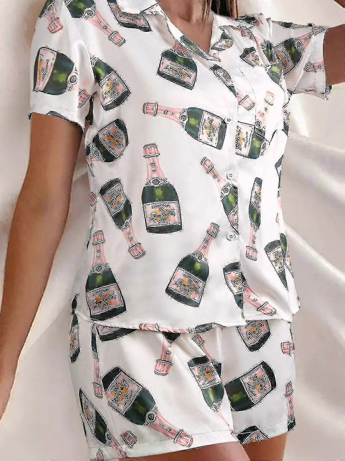 Champagne Bottles Button Pajama Set Women Printed Short Sleeve 2 Pieces Soft Loose Casual Sleepwear Comfortable Homewear