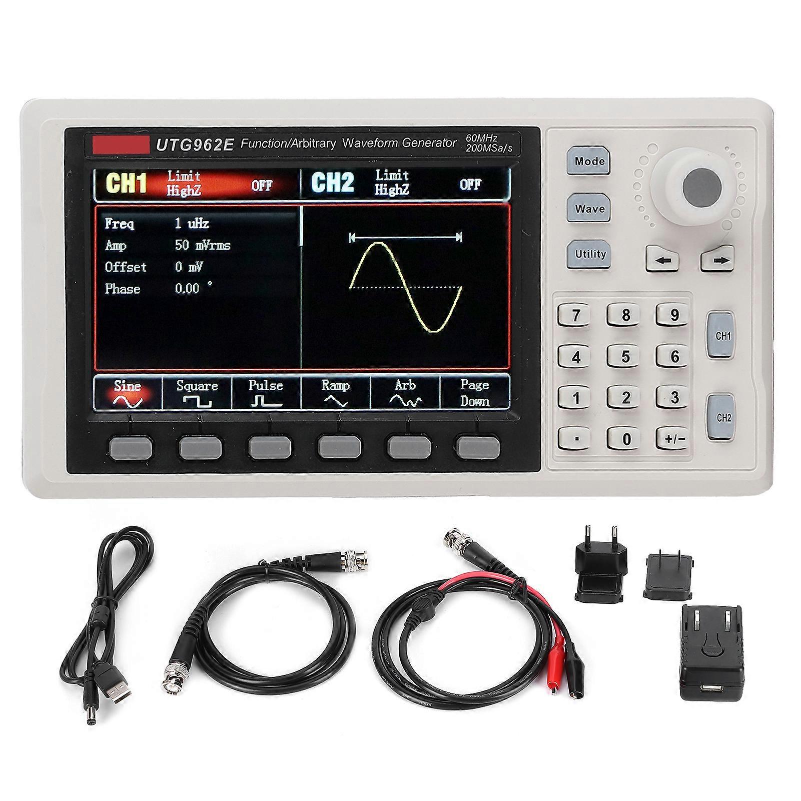 UTG962E Function/Arbitrary Waveform Generator 2Channels Signal Source US EU Detachable Plug AC 100240V