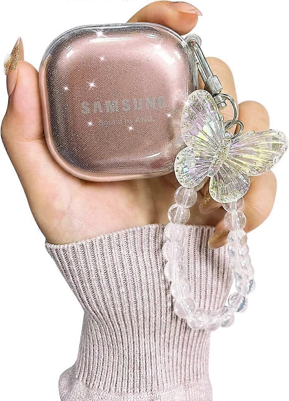Compatible with Samsung Galaxy Buds 2 Pro(2022) Case/Galaxy Buds 2/Galaxy Buds Pro/Galaxy Buds Live Case Clear Glitter Cute Butterfly Cover with Keych