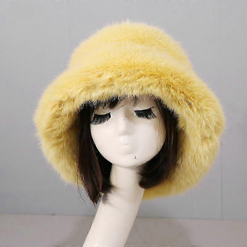 Elegant Fluffy Women Bucket Hat Winter Faux Fur Fuzzy Warm Cap Hat Plush Fisherman Hat
