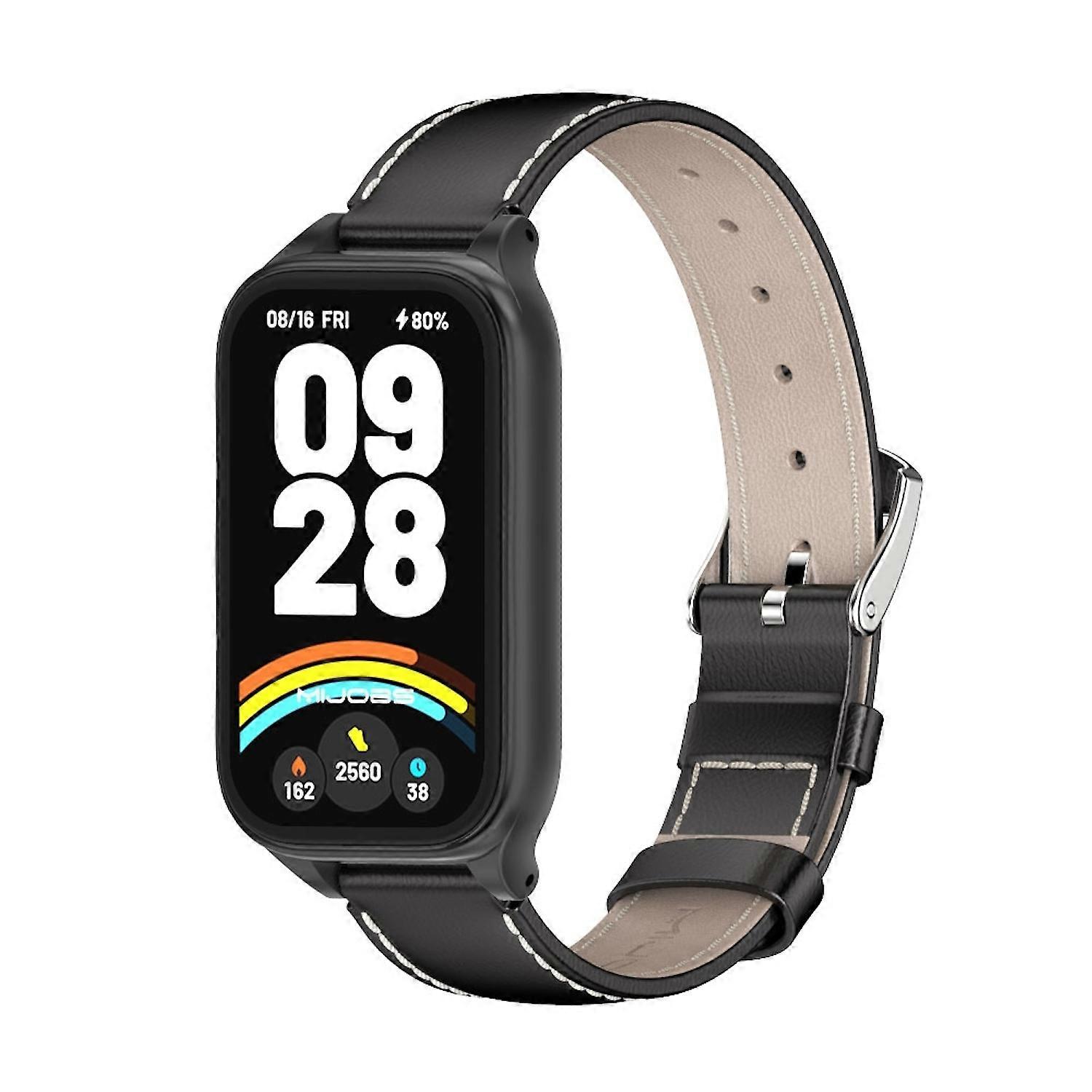 适用于小米智能手环 9 Active / Redmi Band 3 皮革表带金属框架