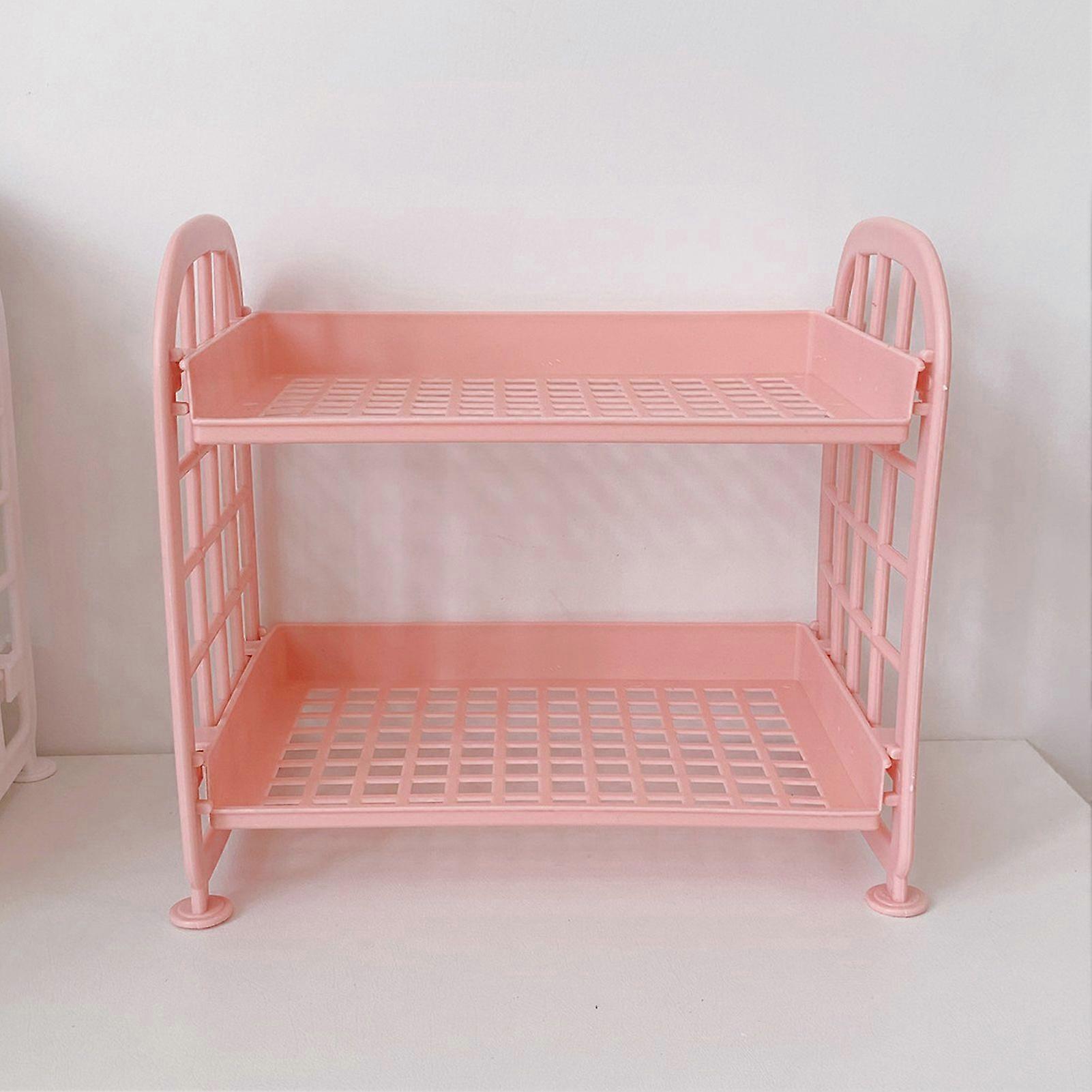2 Layer Desktop Shelf Side Guardrail Design Foldable Double Layer Stacking Cosmetic Stationery Storage HolderPink