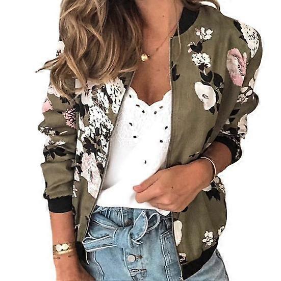 Fall Spring Lady Coat Floral Print Cardigan Zip-up Long Sleeves Elastic Cuff Stand Collar Cardigan Daily Wear Commuting Jacket