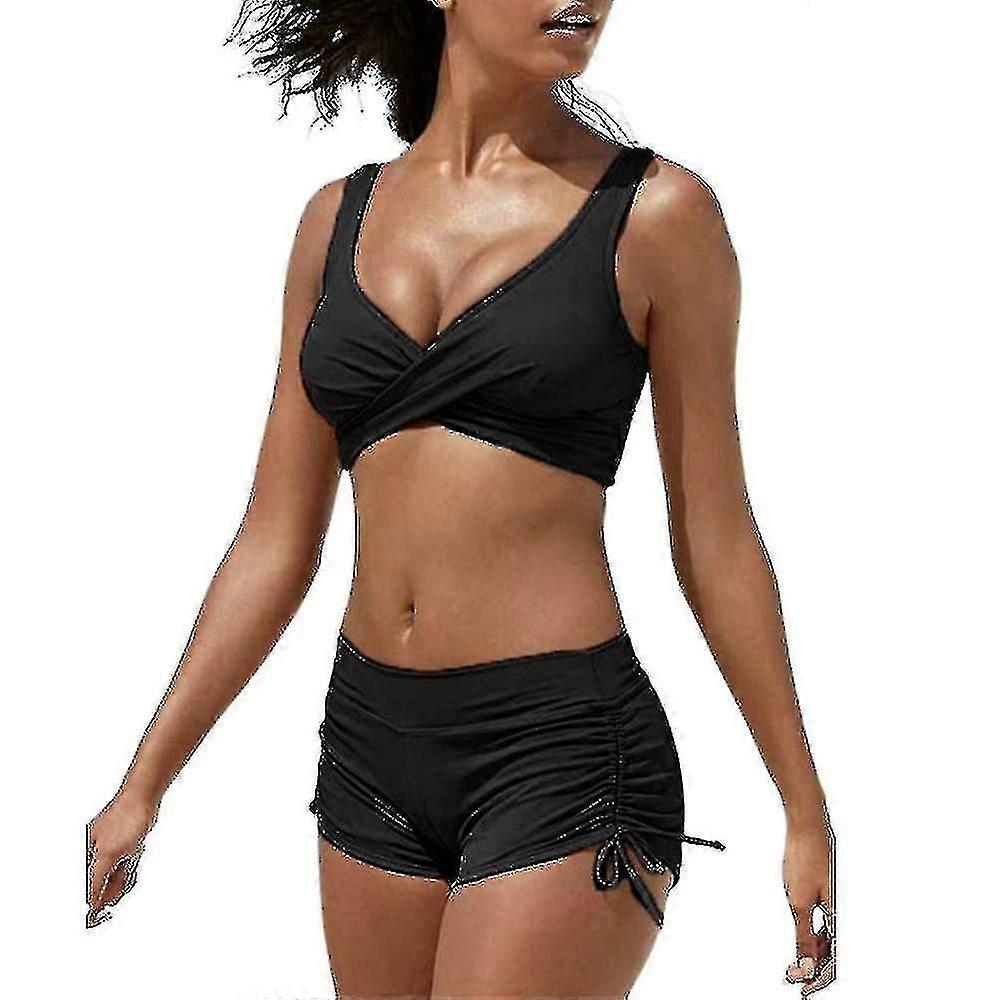 High Waisted Swimsuits with Criss Cross Push Up Bra and Drawstring for Women