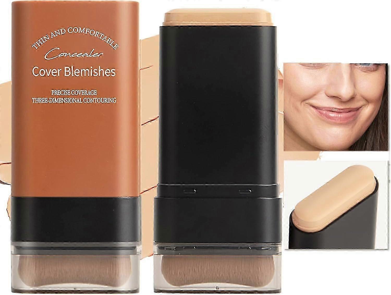 Foundation Stick for Face, Multi-Use Foundation Stick with Built-In Foundation Brush, Lightweight Buildable Medium-to-Full Coverage