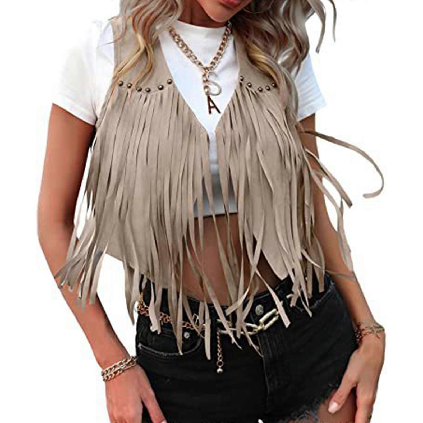 Gilet à franges en imitation daim pour femme, style hippie des années 70, ouvert sur le devant, sans manches, gris, taille XL