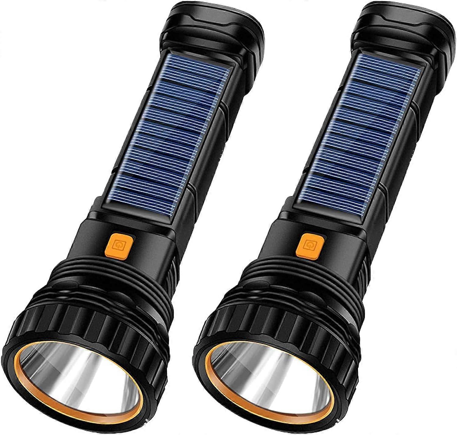 1000 Lumens Solar Rechargeable LED Flashlight with Emergency Strobe Light, 2-Piece Set, Multi-Function Design