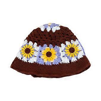 Damas Flor de ganchillo Sombrero de pescador de ala ancha Sombrero de cubo de verano Gorra a prueba de sol