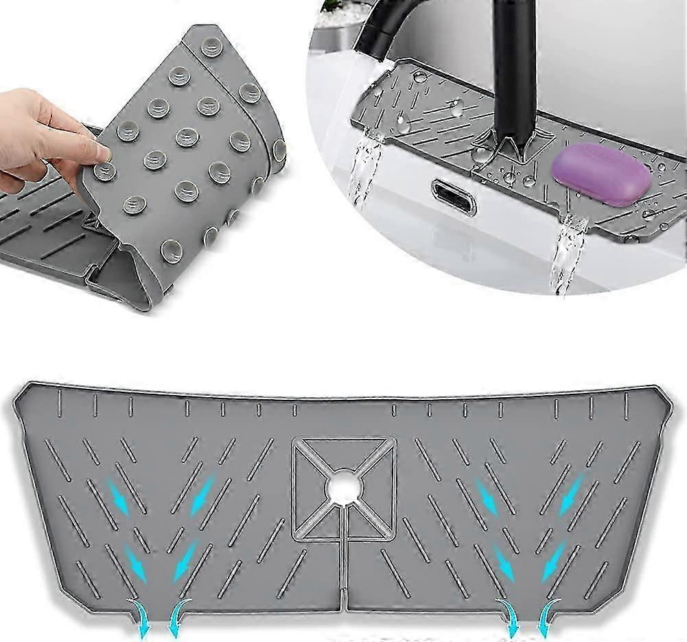 Faucet Sink Splash Guard Silicone Mat with Suction Cup (Grey)